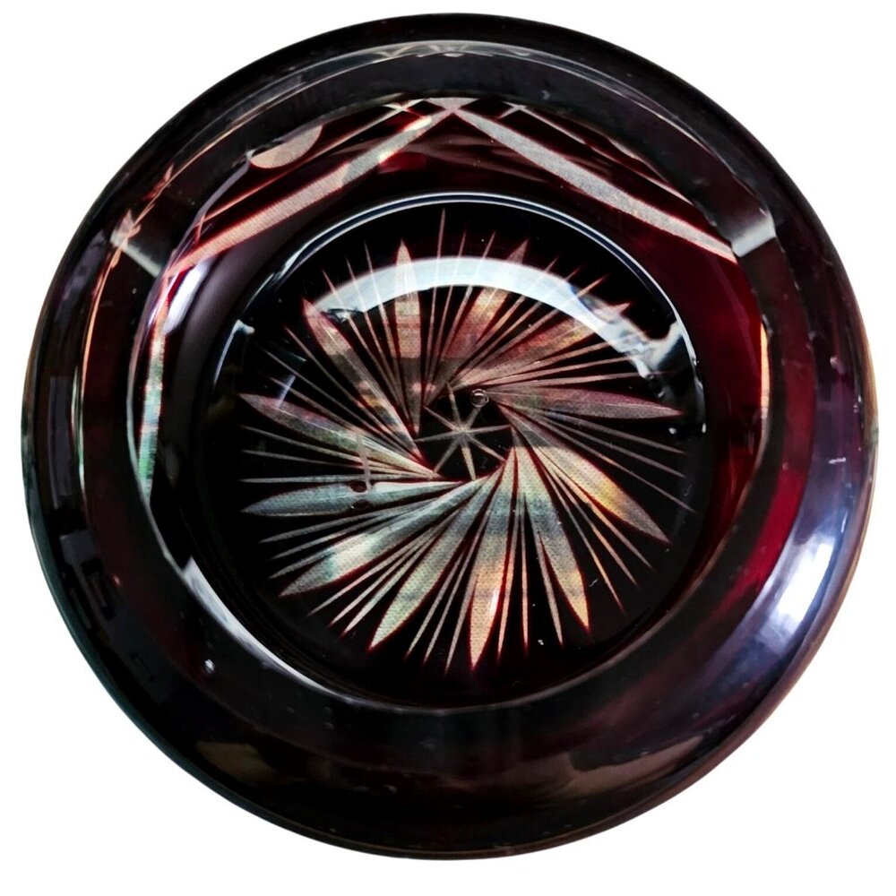 Cut Crystal Ruby Red Glass Bowl With Starburst Pattern Ashtray